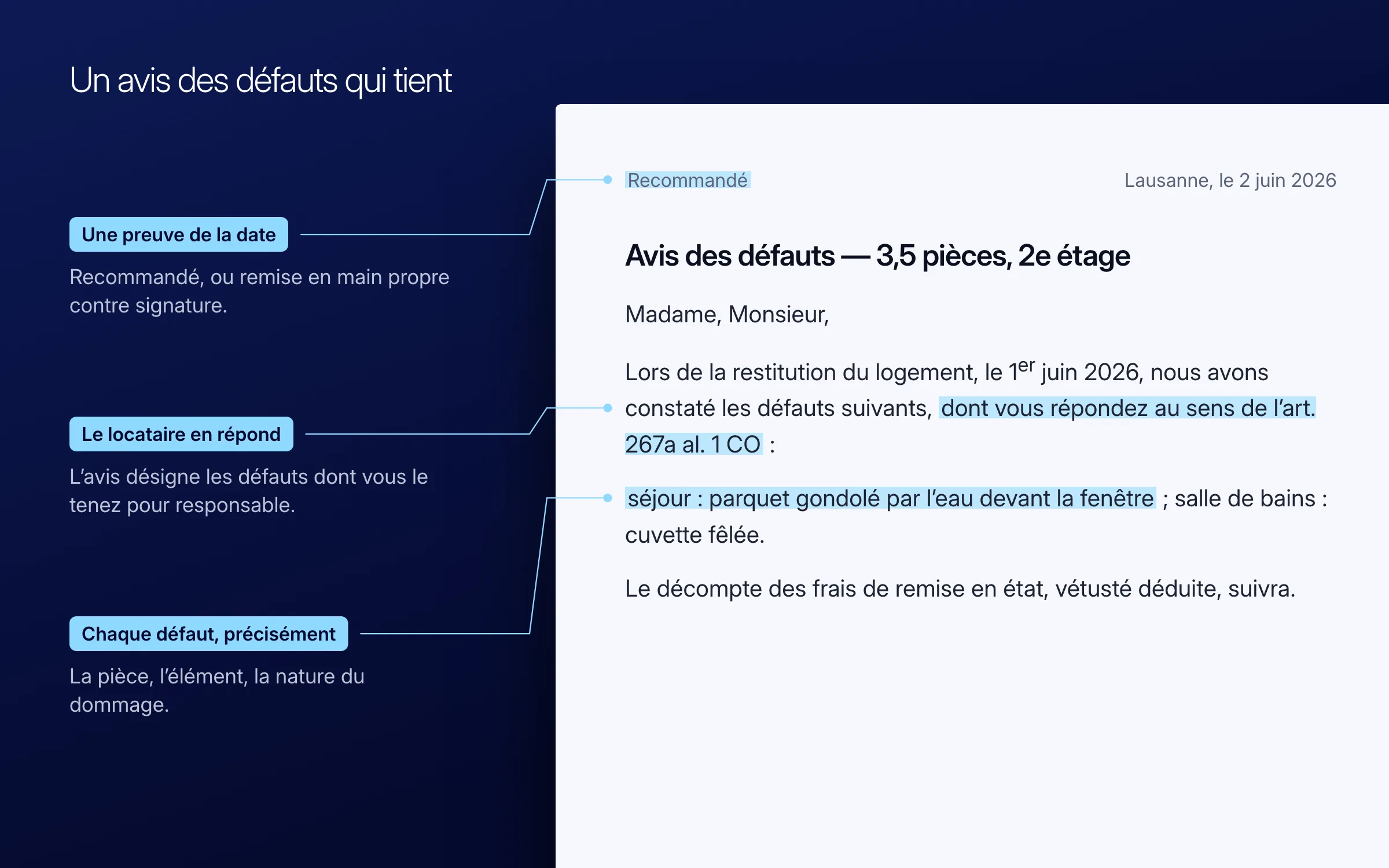 Un avis des défauts type, envoyé en recommandé le lendemain de la restitution, annoté : une preuve de la date, la mention que le locataire répond des défauts (art. 267a al. 1 CO), chaque défaut désigné précisément (séjour : parquet gondolé par l'eau devant la fenêtre)