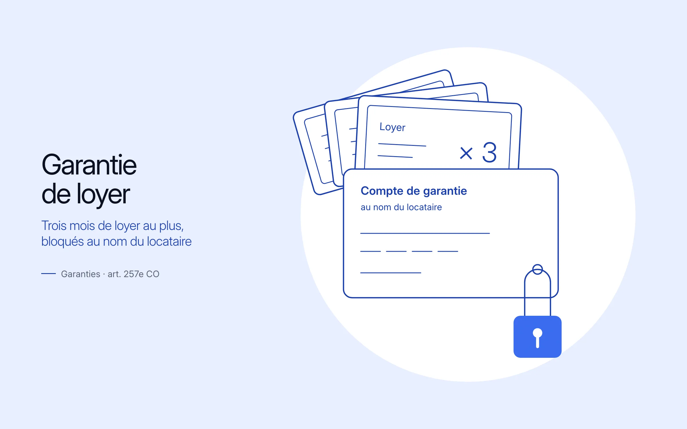 Illustration au trait : trois billets de loyer en éventail derrière le relevé d'un compte de garantie au nom du locataire, fermé par un cadenas