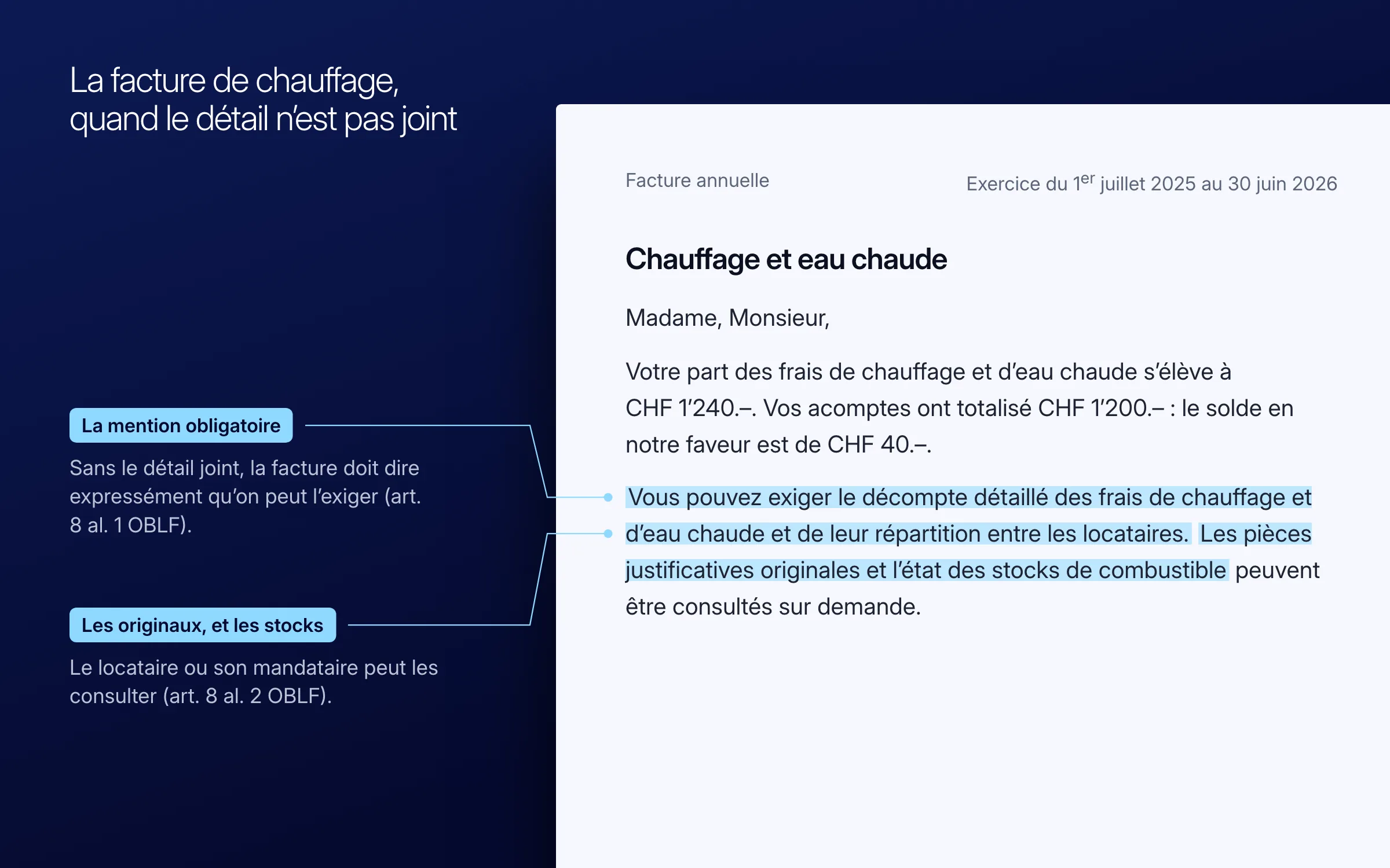 Facture annuelle de chauffage et d'eau chaude type, annotée : la phrase « Vous pouvez exiger le décompte détaillé… » est la mention obligatoire de l'art. 8 al. 1 OBLF ; les pièces originales et l'état des stocks peuvent être consultés par le locataire ou son mandataire (art. 8 al. 2 OBLF)