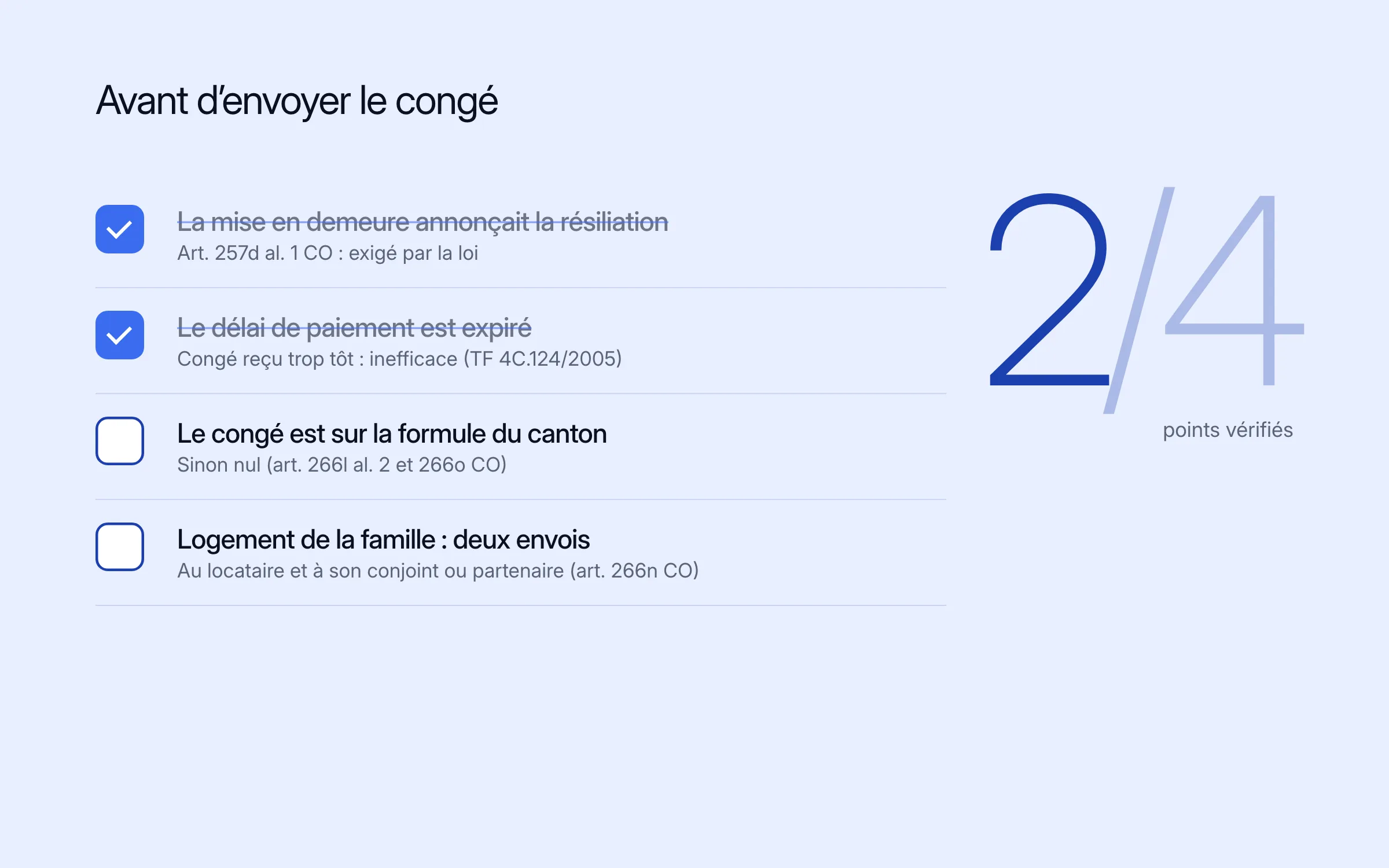 Liste de contrôle « Avant d'envoyer le congé », deux points vérifiés sur quatre : la mise en demeure annonçait la résiliation (art. 257d al. 1 CO, exigé par la loi) ; le délai de paiement est expiré (un congé reçu trop tôt est inefficace, TF 4C.124/2005) ; le congé est sur la formule du canton (sinon nul, art. 266l al. 2 et 266o CO) ; logement de la famille, deux envois, au locataire et à son conjoint ou partenaire (art. 266n CO)