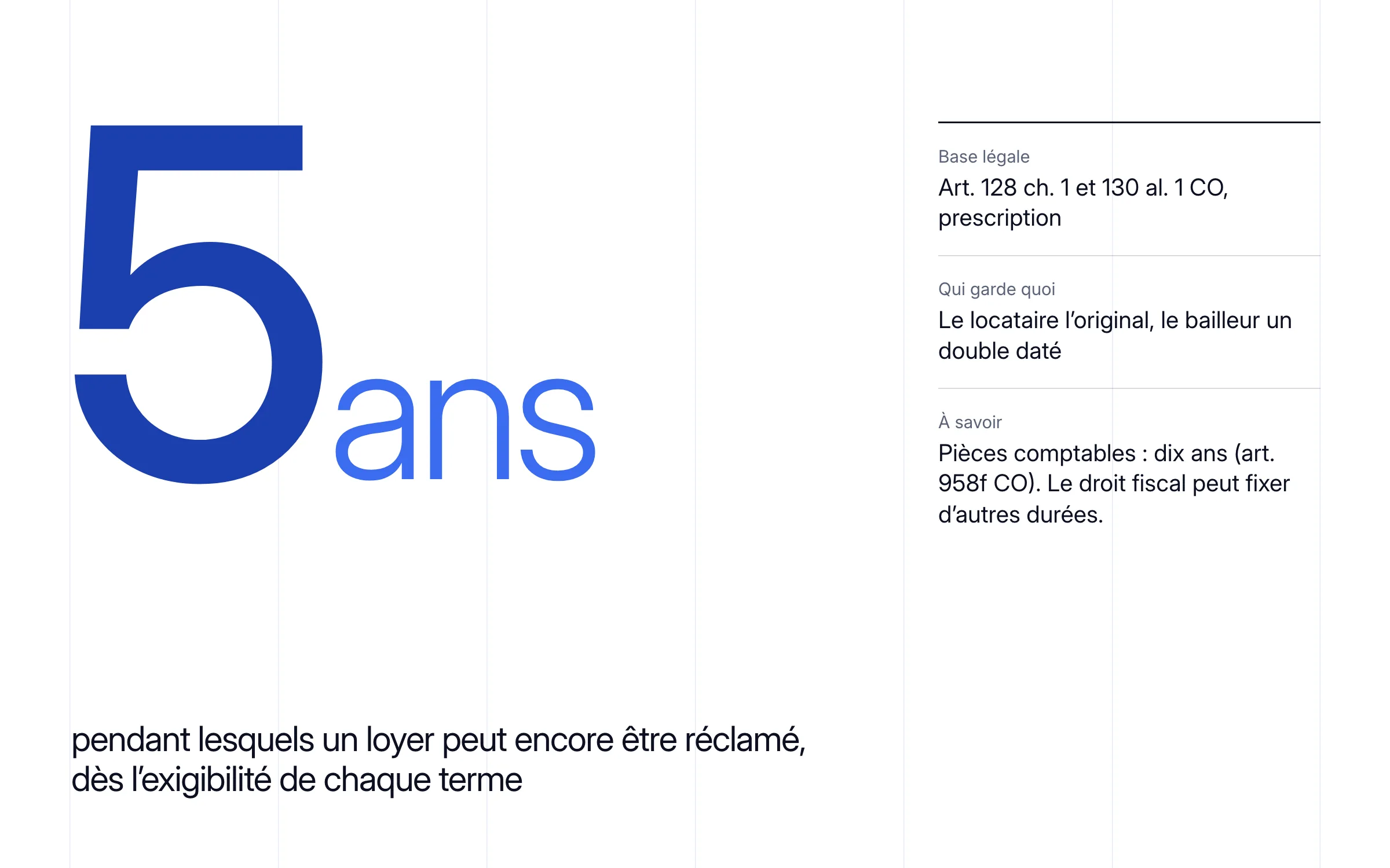 5 ans : la durée pendant laquelle un loyer peut encore être réclamé, dès l'exigibilité de chaque terme (art. 128 ch. 1 et 130 al. 1 CO) ; le locataire garde l'original, le bailleur un double daté ; dix ans pour des pièces comptables (art. 958f CO)