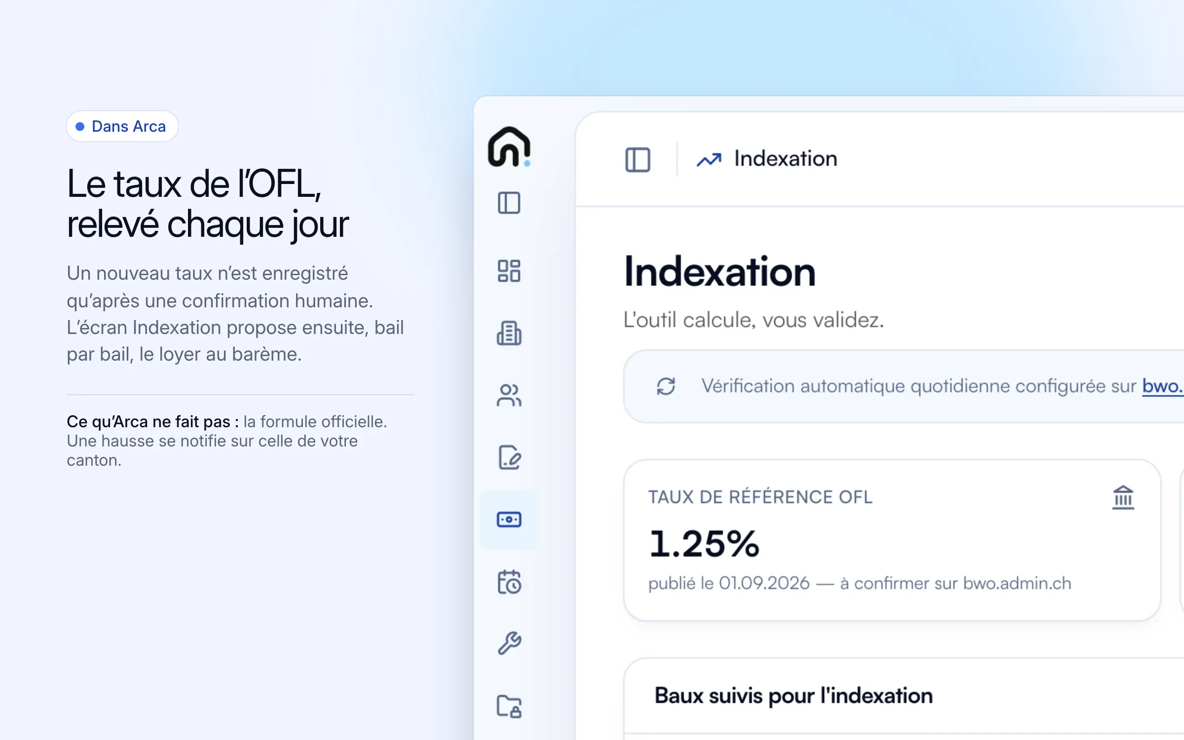 Le haut de l'écran Indexation d'Arca : « L'outil calcule, vous validez », la vérification quotidienne configurée sur bwo.admin.ch, et le taux de référence OFL à 1.25 %, publié le 01.09.2026