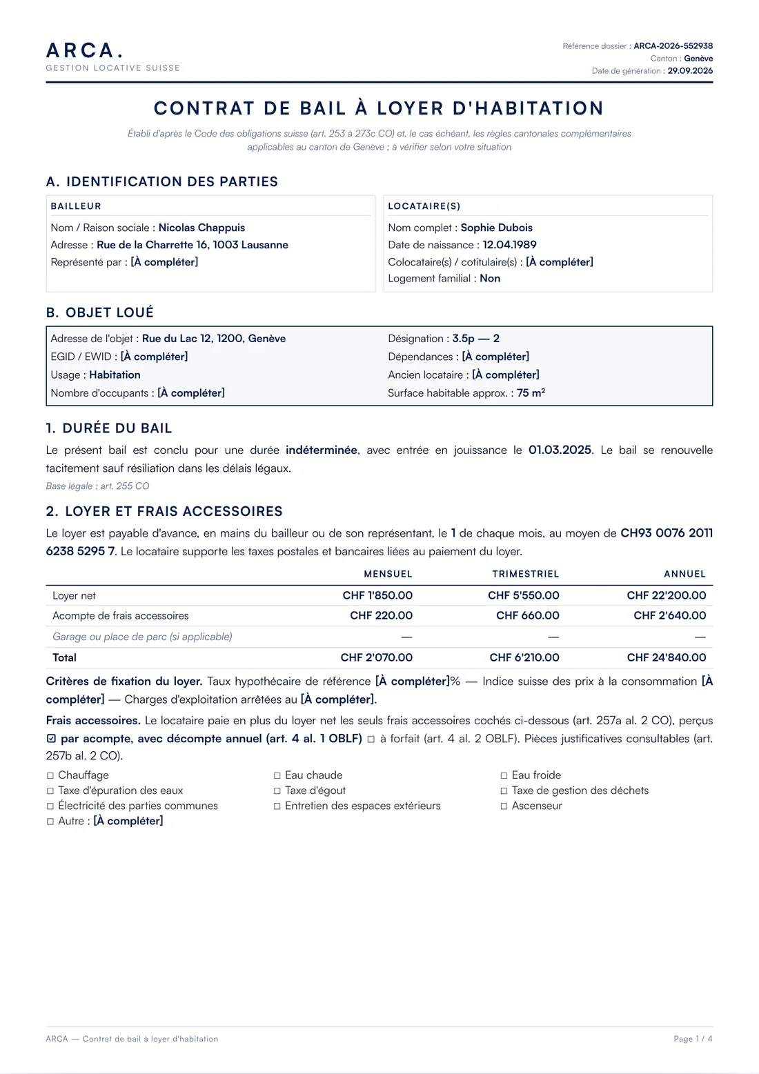 Contrat de bail généré par Arca, feuille A4