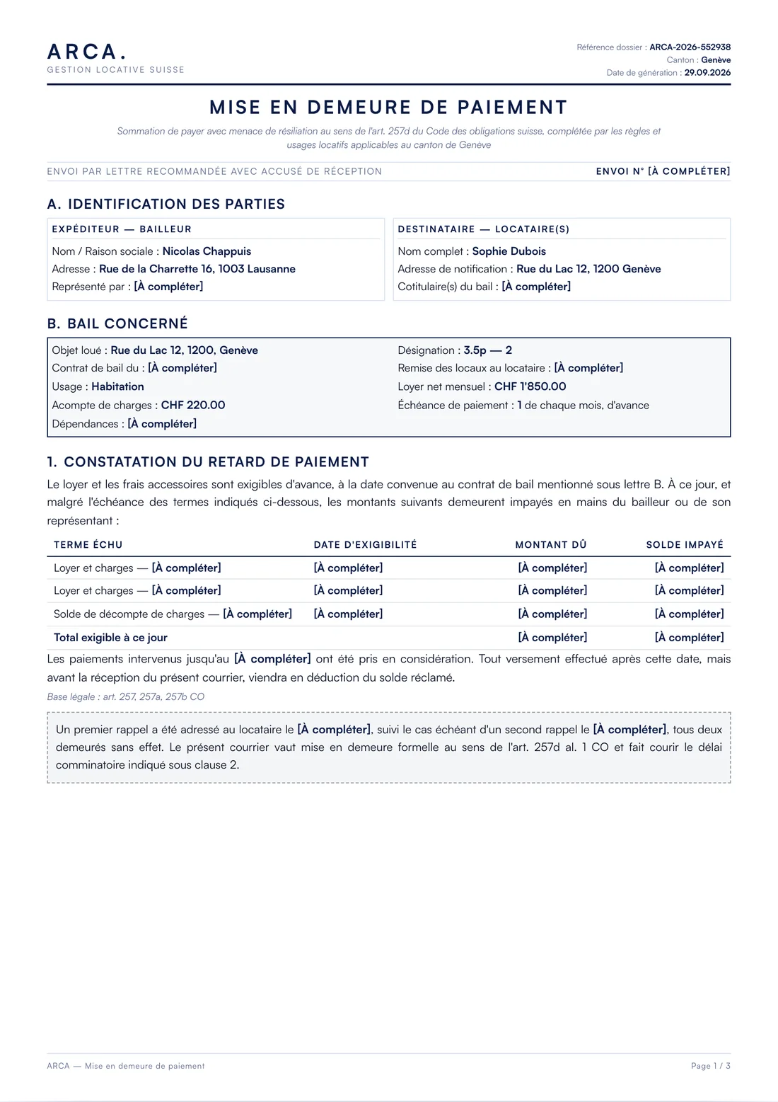 Mise en demeure générée par Arca, feuille A4