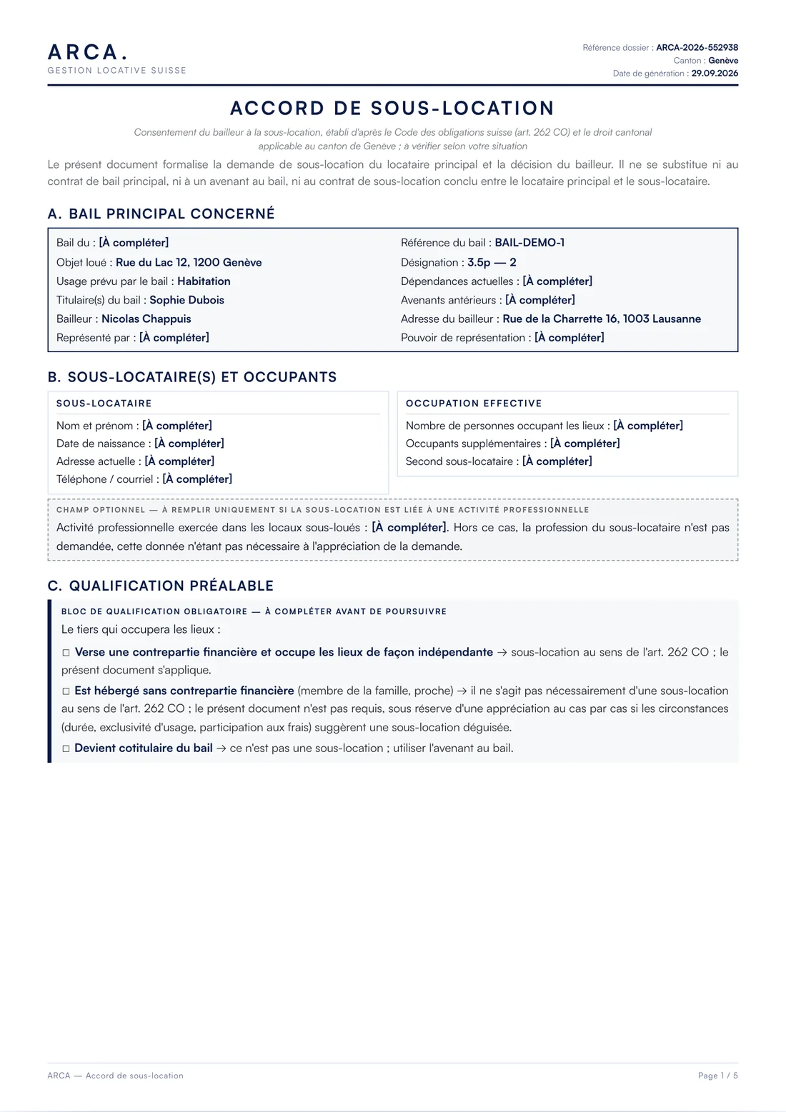 Accord de sous-location généré par Arca, feuille A4